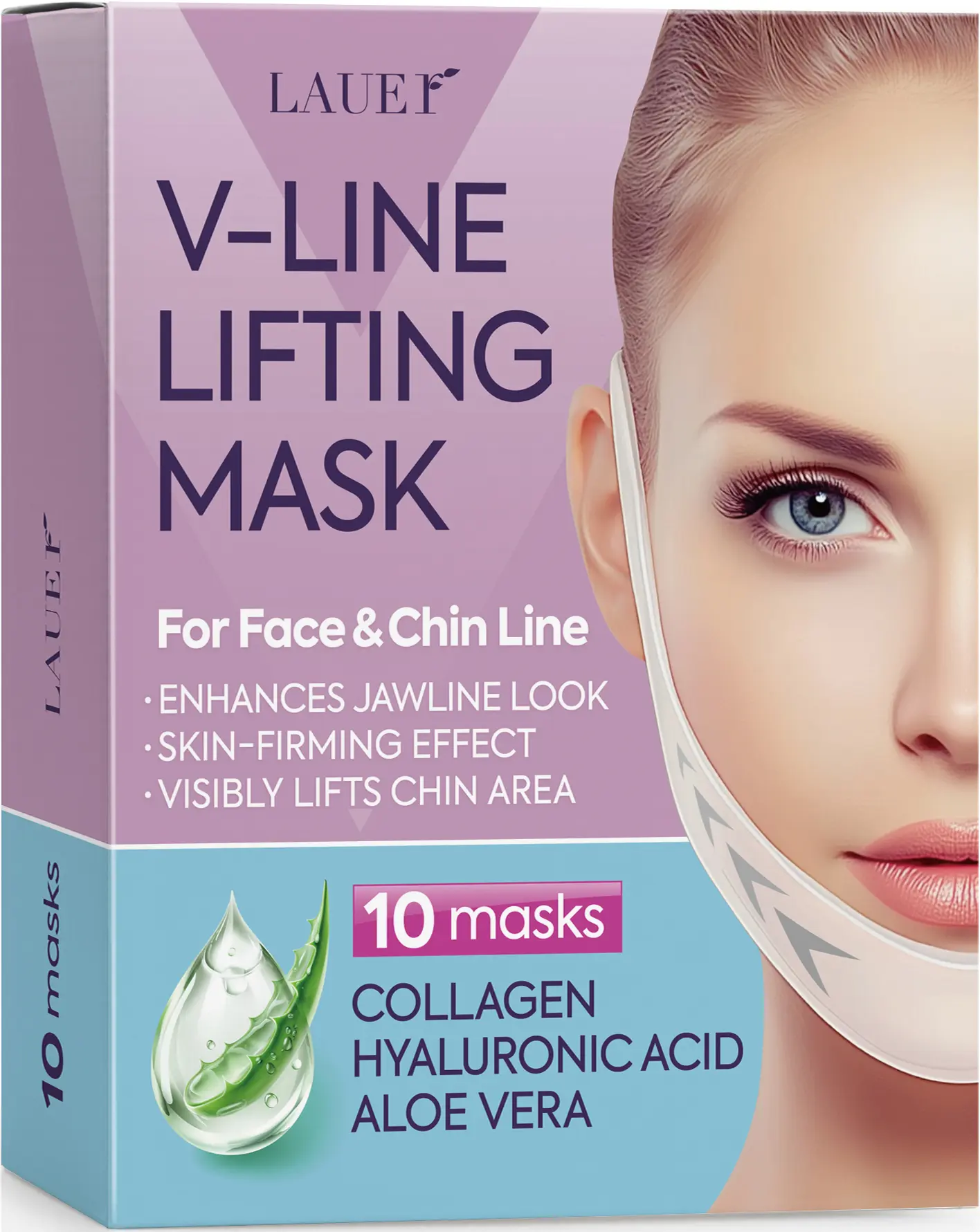 LAUER V-Line Lifting Mask for Face & Chin, Jawline Firming Hydrogel Mask with Collagen, Hyaluronic Acid & Aloe Vera, Helps Improve the Appearance of Double Chin, Defines Jawline, Hydrates & Firms Skin, Skin Care for Women & Men, 10 Pack