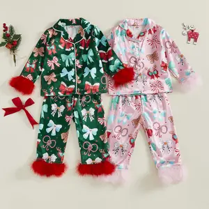 Toddler Baby Girl Christmas Satin Pajamas Fuzzy Trim Long Sleeve Santa/Bow Print Button Shirt Pants Kids Pjs Set