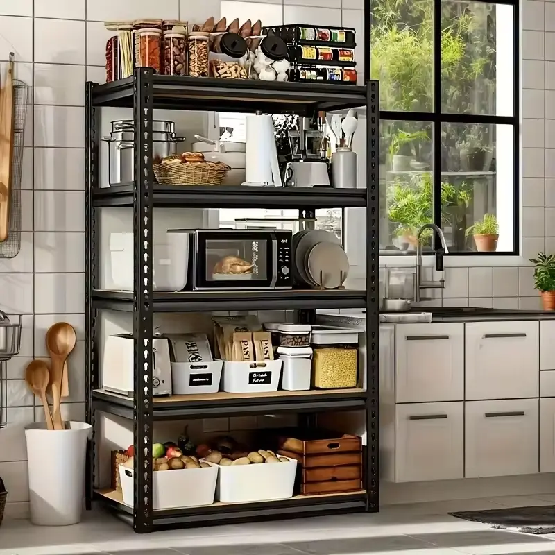 Heavy duty garage racking with 500 lb and 2000 lb capacity, 5-tier utility storage racks and metal shelving units. Suitable for