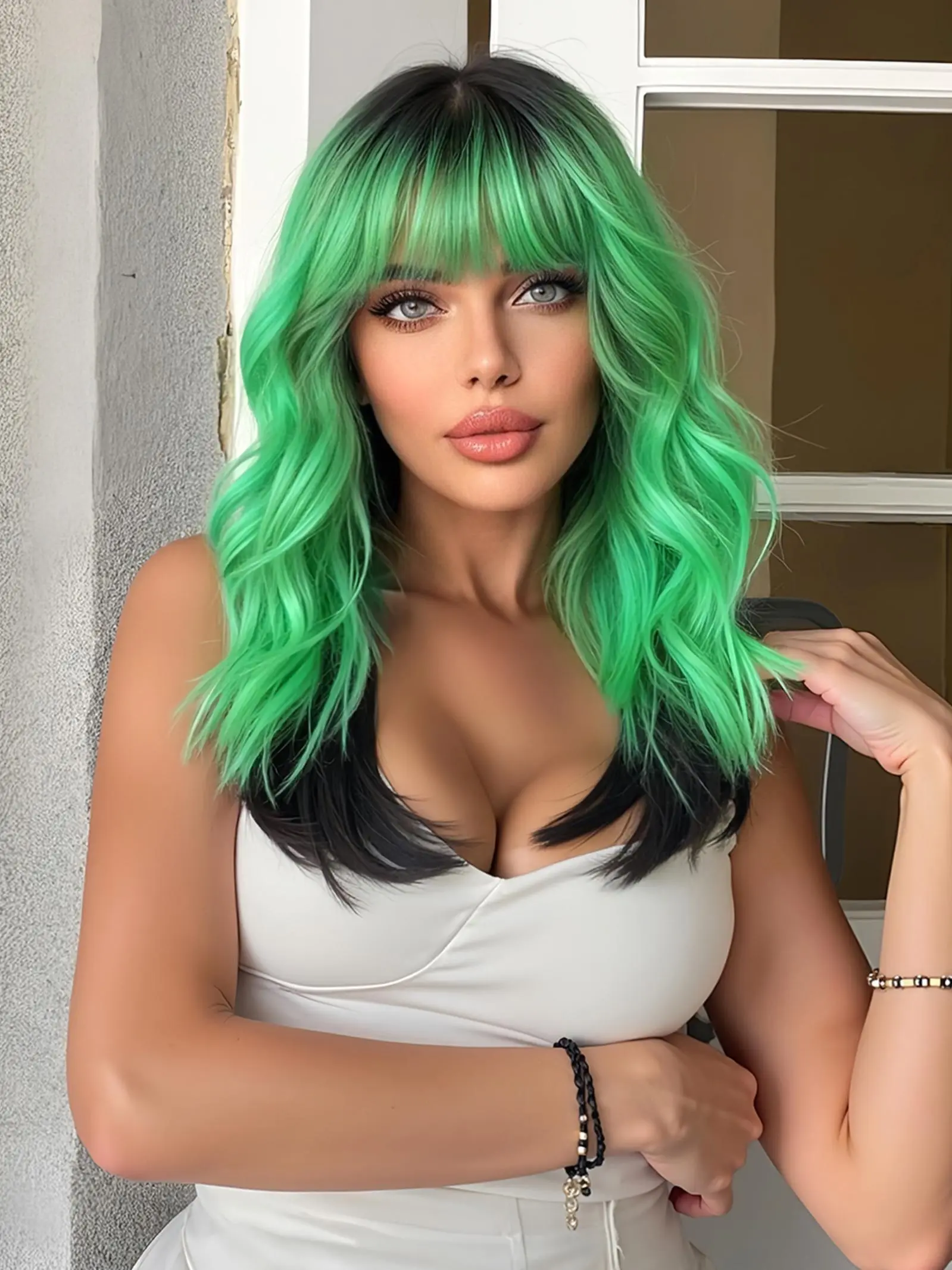 18 Inch Long Curly Wigs for Women, Gorgeous Fluffy Wigs with Bangs, Synthetic Full Machine Wigs for Party, Daily Use, Synthetic Curly Hair, Machine Made Wig
