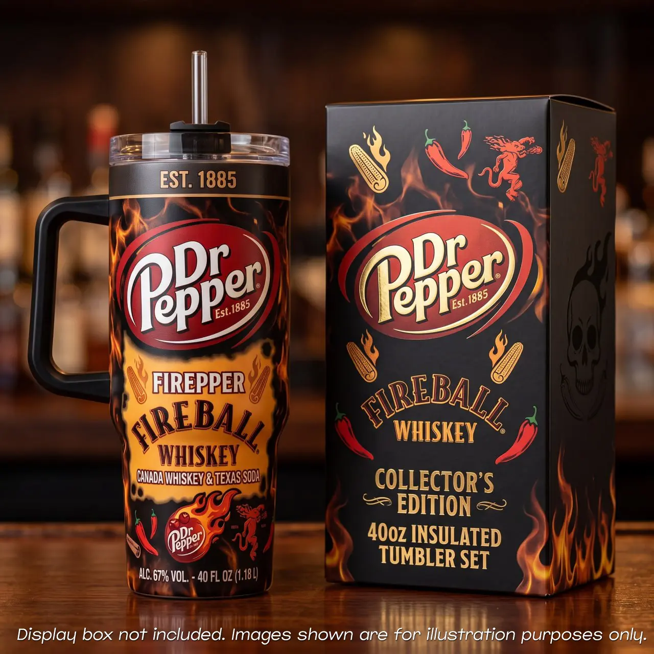Dr Pepper Fireball Whiskey 40oz Tumbler With Handle Straw, Firepper Canada Whiskey Texas Soda Stainless Steel Insulated Mug, Spicy Cinnamon Drinker Gift, Vintage Flame Graphic Travel Water Cup, Collector Edition Soda Fan Cup