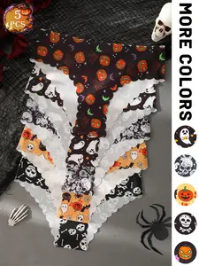 Women's Halloween Print Panties Set, Cute Ghost Skull Pumpkin Design, Soft Skin-Friendly Fabric, Slim Fit Underwear for Daily Wear, Womenswear