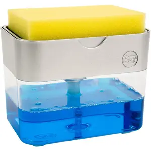 Dish Soap Dispenser and Sponge Holder For Kitchen Sink With Enhanced Features, Sponge Included, 13 Ounces, Silver