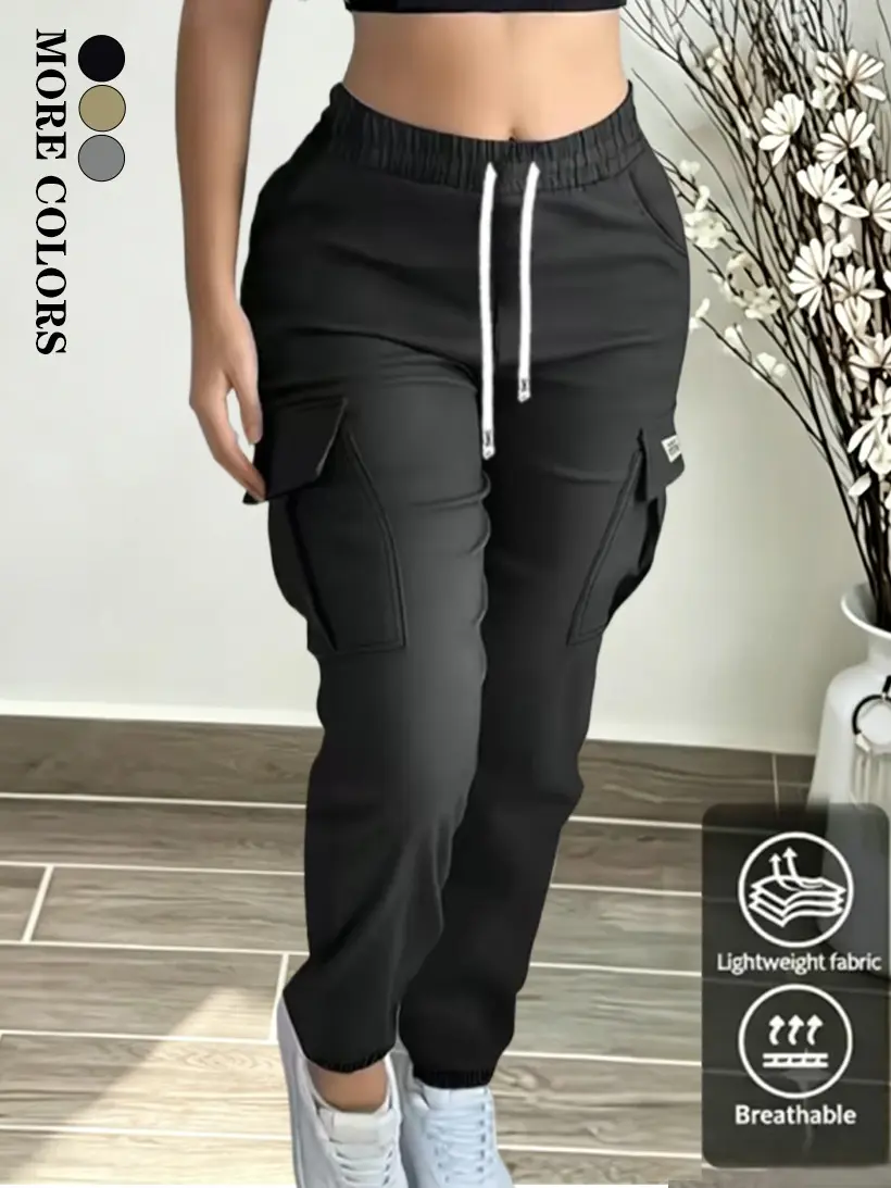LIFE KEEPS MOVING Women’s long cargo pants for spring/autumn with large pockets on both sides, elastic drawstring waistband, tapered cuffs, stylish lettered zipper pockets—suitable for outdoor leisure, sports, and everyday fashion outfits.