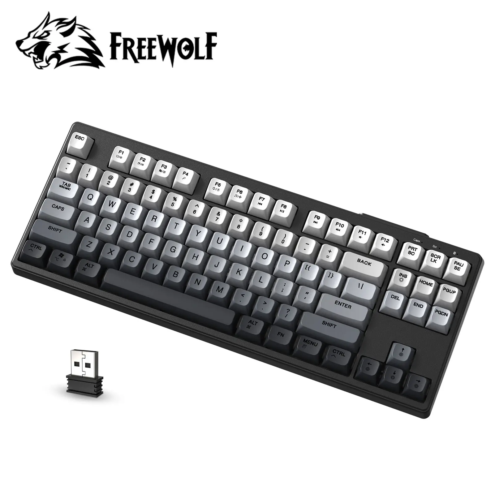 FREEWOLF M87 Rechargeable Backlight Gaming Keyboard - 87-Key PBT Keycap Membrane, Wireless-Bluetooth Dual Modes, Type-C Charging, Adjustable ft, Comfortable Typing, 10-Min Idle Auto-Sleep, Color Changing, Long-Lasting for PC Mac Linux Gaming Accessories,
