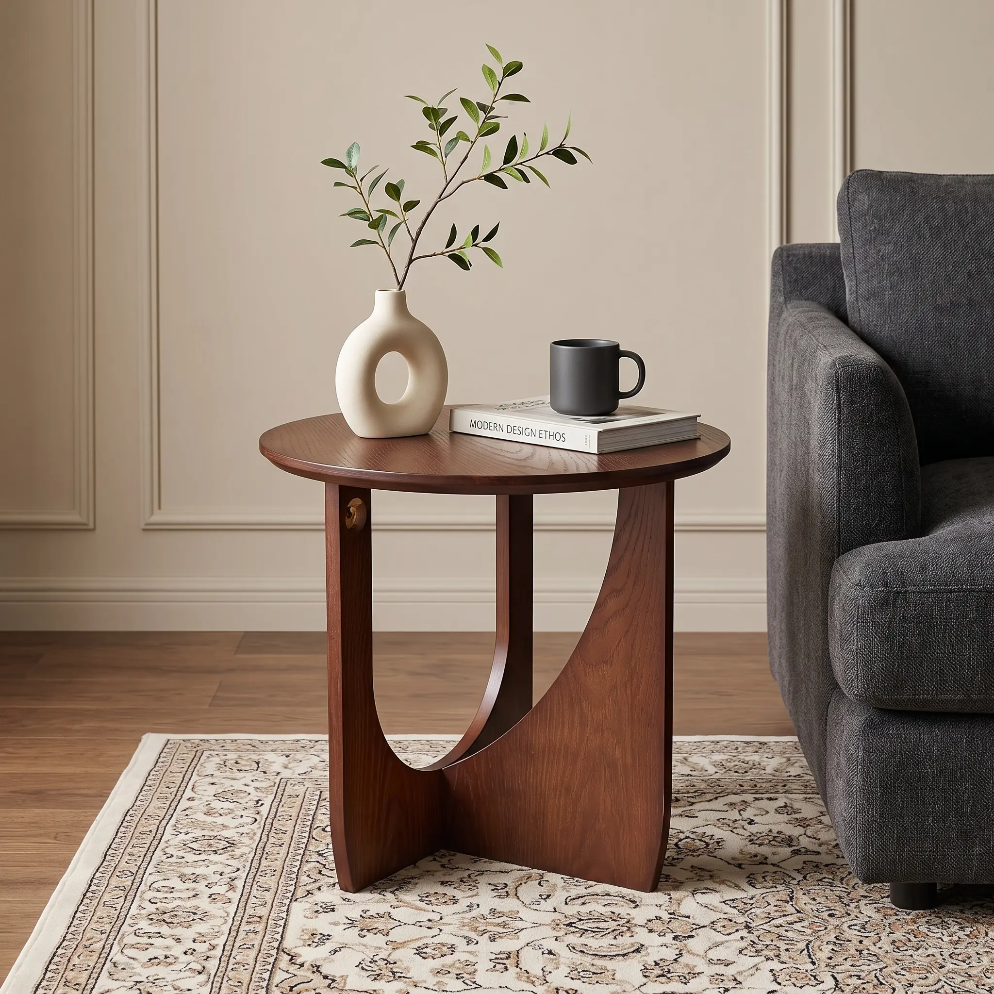 IHUESHO 100% Solid Wood Side Table with Sculptural U-Shaped Base, Modern Accent End Table for Living Room, Bedroom, Sofa Side & Reading Nook (Walnut)