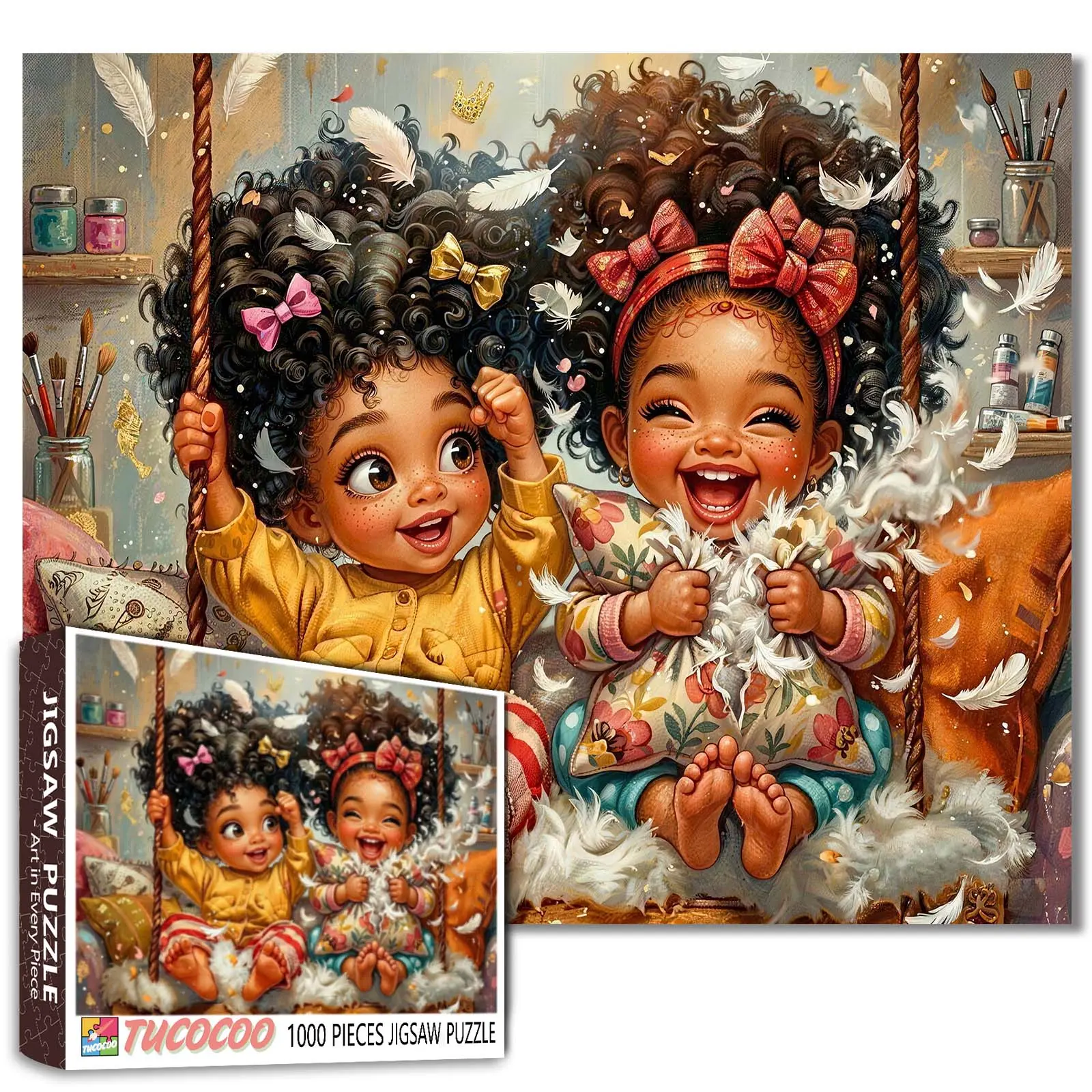 Tucocoo 1000-Piece Creative Cardboard Jigsaw Puzzle - Cute Sisters Pillow Fight Scene, Kids on Swing with Flying Feathers, Cozy Home Decor, Cognitive Brain Training, Relaxing Family Game Gift, 27.5x20in (70x50cm), Creative Puzzle, Relaxing Gifts