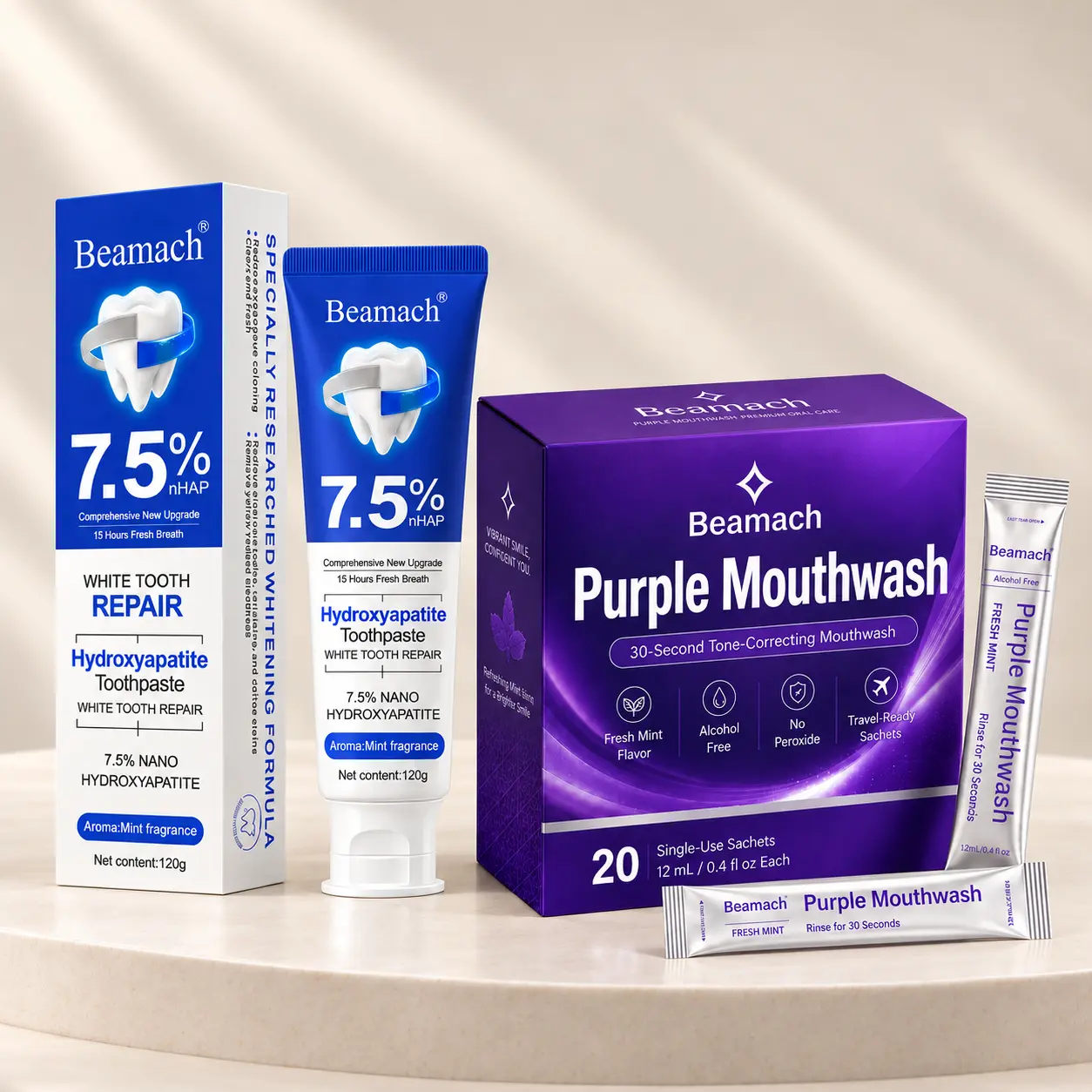 Beamach Oral Care Set -Hydroxyapatite Toothpaste, Purple Mouthwash,Fluoride-Free, Gentle Formula for Sensitive Teeth, Enamel Repair,Color Correcting Mouthwash Sachets - Peroxide Free, Alcohol Free - Freshens Breath