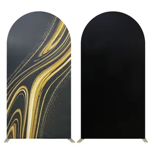 6.56FT Wedding Arch Backdrop Cover Black Gold Ink Pattern Spandex Fitted for Photography Birthday Parties Ceremonies Banquet Decorations