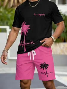 Men's Beach Set Coconut Tree Print T-Shirt with Shorts, Summer Casual Sports, Contemporary Style, Fitted, All Seasons