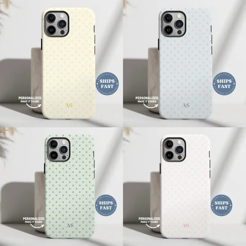 Custom Polka Dot Tough Phone Case – Personalized Name or Initials Soft Matte Aesthetic Pastel Phone Cover, Minimalist Cute Protective Case for iPhone 17 16 15 14 13 12 SE Max Pro Samsung Galaxy Ultra 21 22 23 24 25 Waterproof Dual-Layer Protection