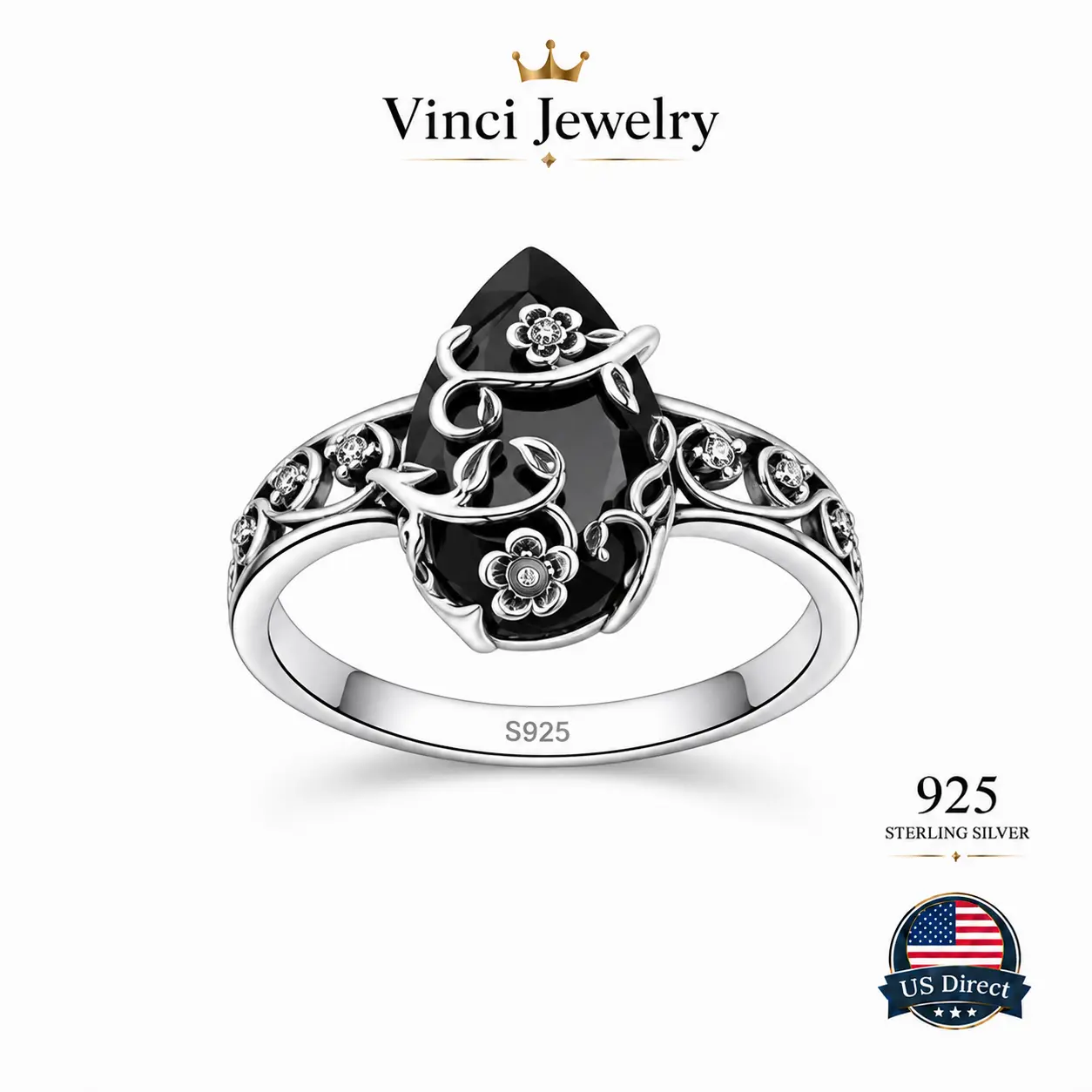 925 sterling silver Vintage Gothic Black Gemstone Ring for Women Floral Vine Statement Ring Elegant Boho Victorian Jewelry Antique Style Cocktail Ring for Halloween Party Daily Wear Gift for Her cocktail ring for women Decorated Ring Flower Ring