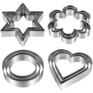 Metal Cookie Cutters Set 12 Pieces Stainless Steel Heart Star Flower Round Shapes for Cookies Crafts Fondant Clay Pastries Cheese Reusable Bakeware Utensils