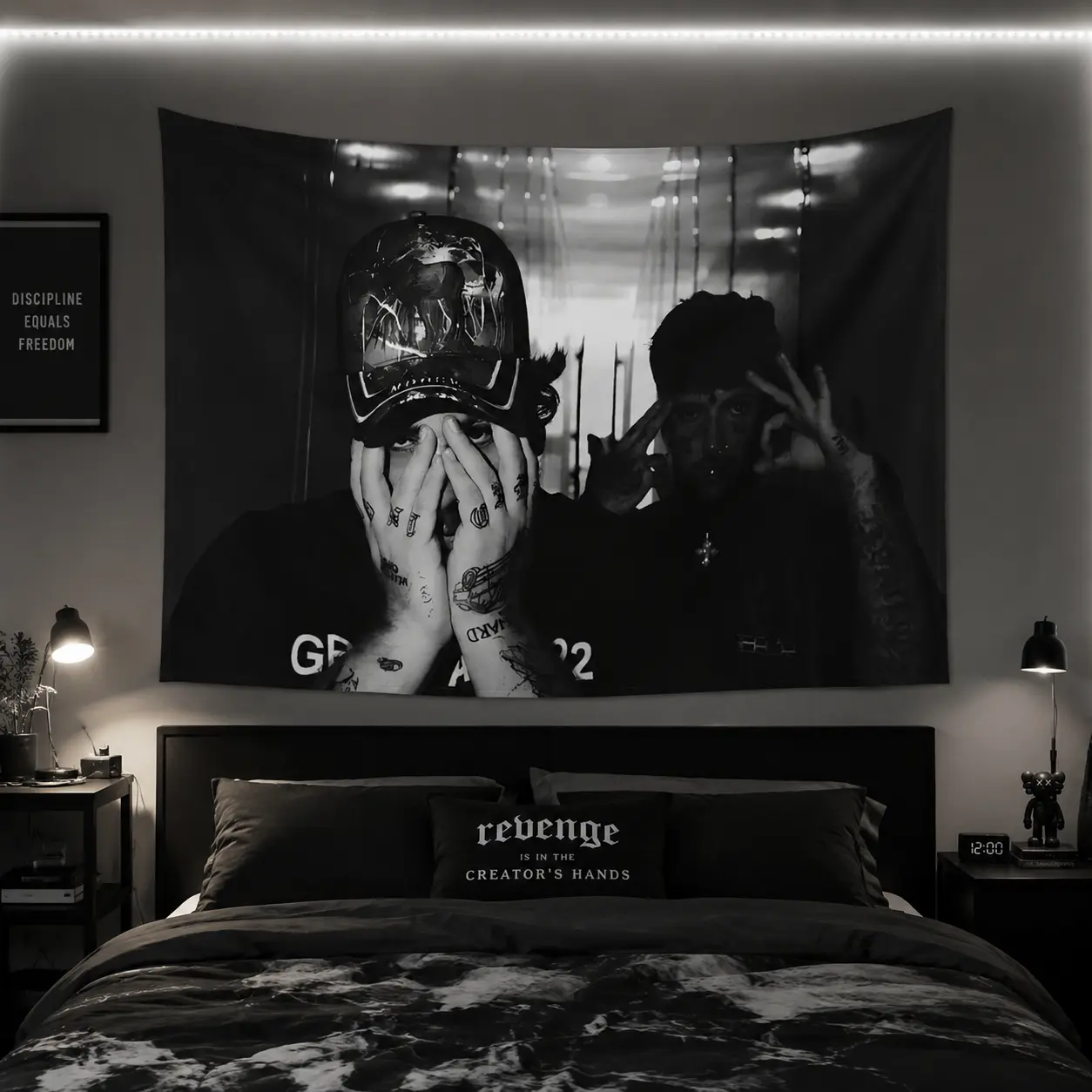 [Edgy Tapestry] Edgy Suicide Boyz Design Tapestry|   Black & White Polyester Fabric Wall Hanging, Minimalist Wall Art, Bedroom Accent, Contemporary Style, No Electricity Needed, Horizontal Wall Art