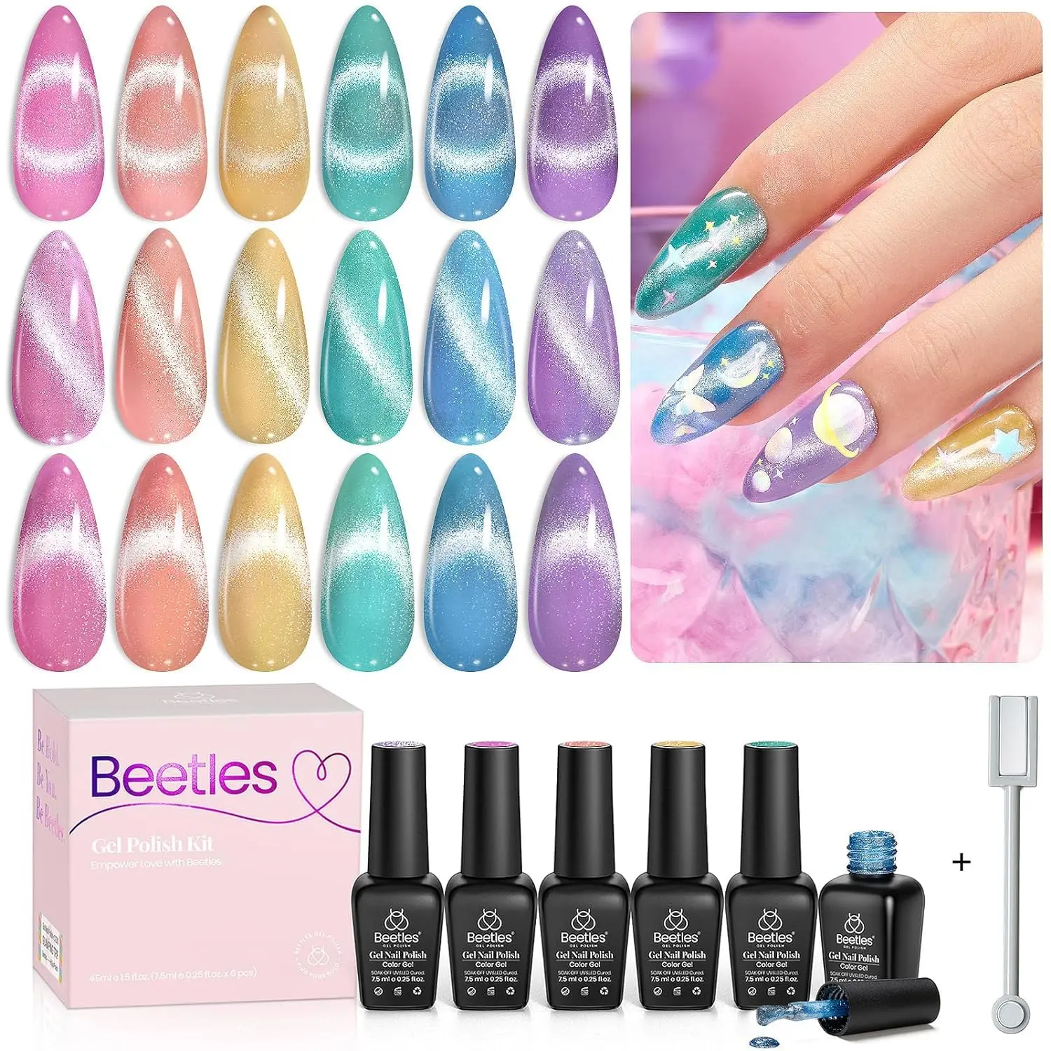 Beetles Spring 6-Color Gel Nail Polish Set, Smooth Metallic Glitter Velvet Fairytale Series, Soak-Off UV/LED Nail Art Kit with Flawless Coverage, DIY Manicure Gift for Women