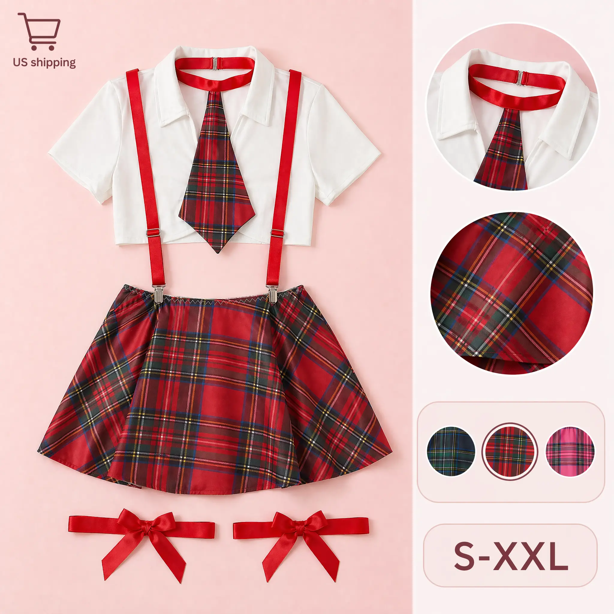 4 Piece Set Women's Sexy Schoolgirl Lingerie Set Plaid Pleated Mini Skirt Outfit with Suspenders Necktie and Thigh Garters Cute Y2K Aesthetic Role Play Lingerie for Date Night Cosplay Party Fuchsia Clothes Accessories Womenswear Uniforms