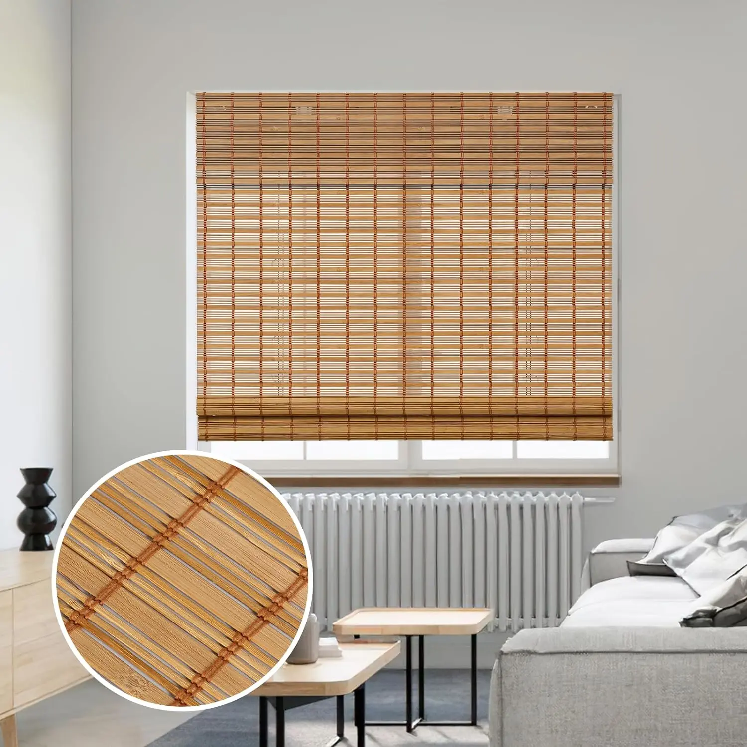 LUCKUP Bamboo Roman Shades with Valance Cover, Cordless Bamboo Blinds for Indoor Windows, Light Filtering Bamboo Woven Shades for Home & Patio, Privacy Protection