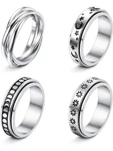 Stainless Steel Fidget Anxiety Ring for Women Men Fidget Spinner Rings Moon Star Celtic Stress Relieving Spinning Ring Stacking Rings Wedding Band Set,4-6Pcs