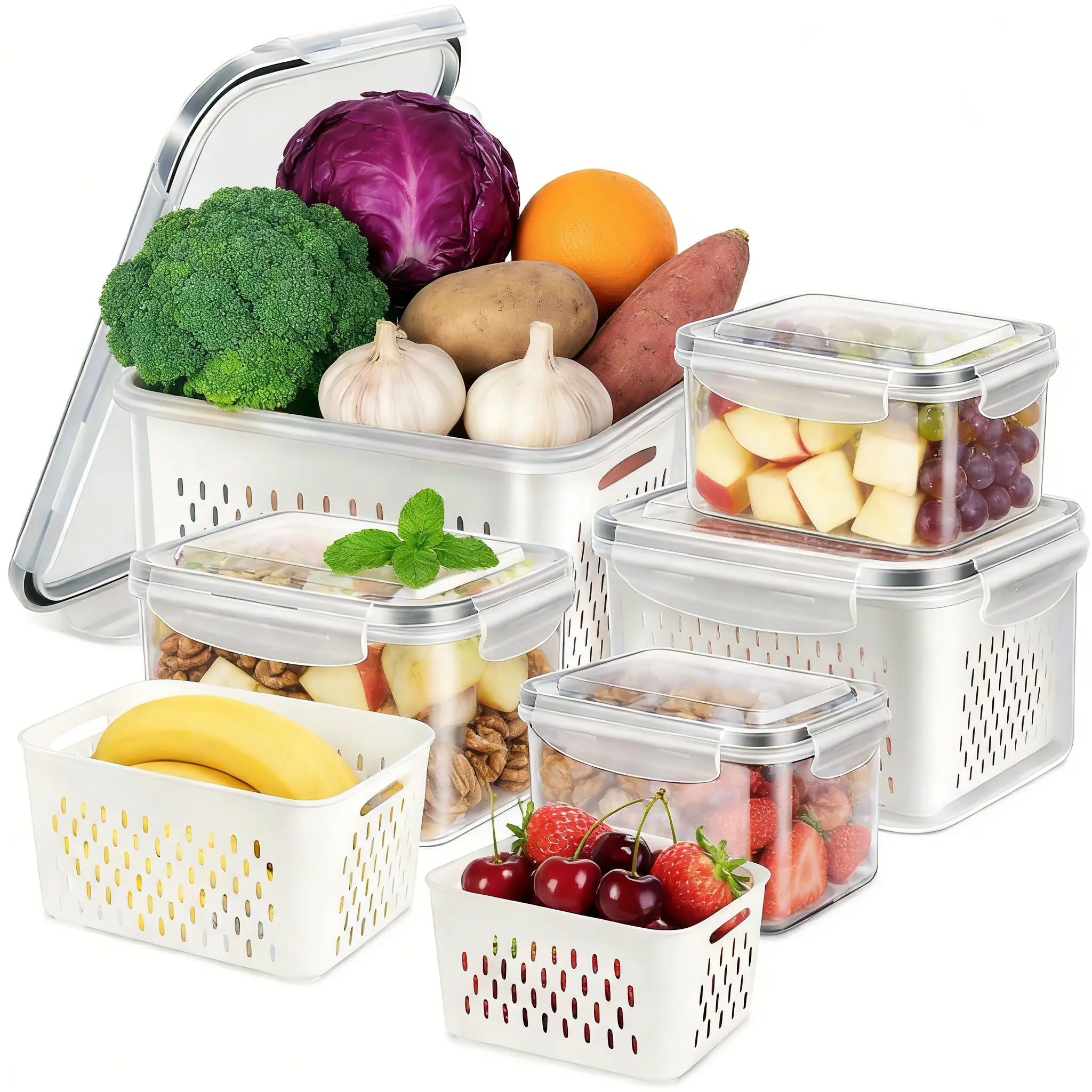 6/8/10/12/16 Pcs Large Fruit Containers for Fridge, Stackable Clear Food Storage Boxes Airtight Fruit For Fridge, produce Saver Berry Lecttuce Container for Refrigerator Organizers Bins, Fruit Vegetable Containers with Lids & Colanders Kitchen Utensils