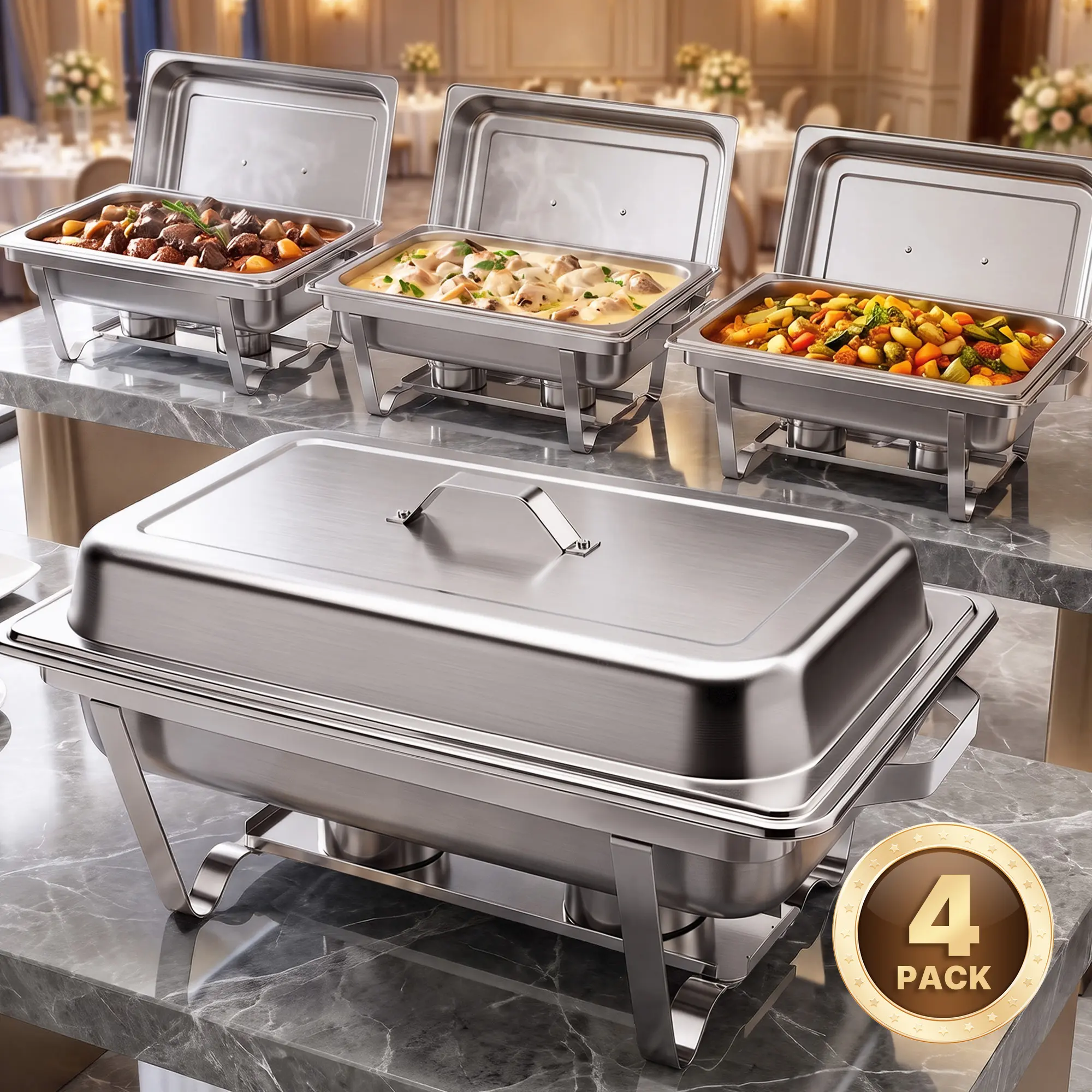Kerilyn 2/4 Packs 9QT Chafing Dishes for Buffet Set, Rectangular Stainless Steel Food Warmer Sets with Lids, Food Pans, Water Pan and Fuel Holders for Restaurant Catering Parties Weddings Serving Food Warmer & Chafers Servers Sets