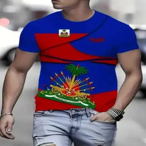 Men's Casual Streetwear Summer T-Shirt, Stretch, National Pattern, Polyester Round Neck, Slightly Elastic, Adult Knit Fabric Top, All Seasons