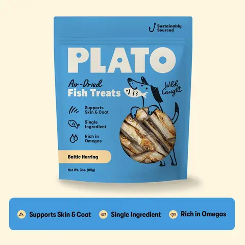 Plato Wild-Caught Baltic Herring Dog Treats, Single-Ingredient Whole Fish, Natural High-Protein, Air-Dried Grain-Free, Skin & Coat Shine, Glossy Coat Support