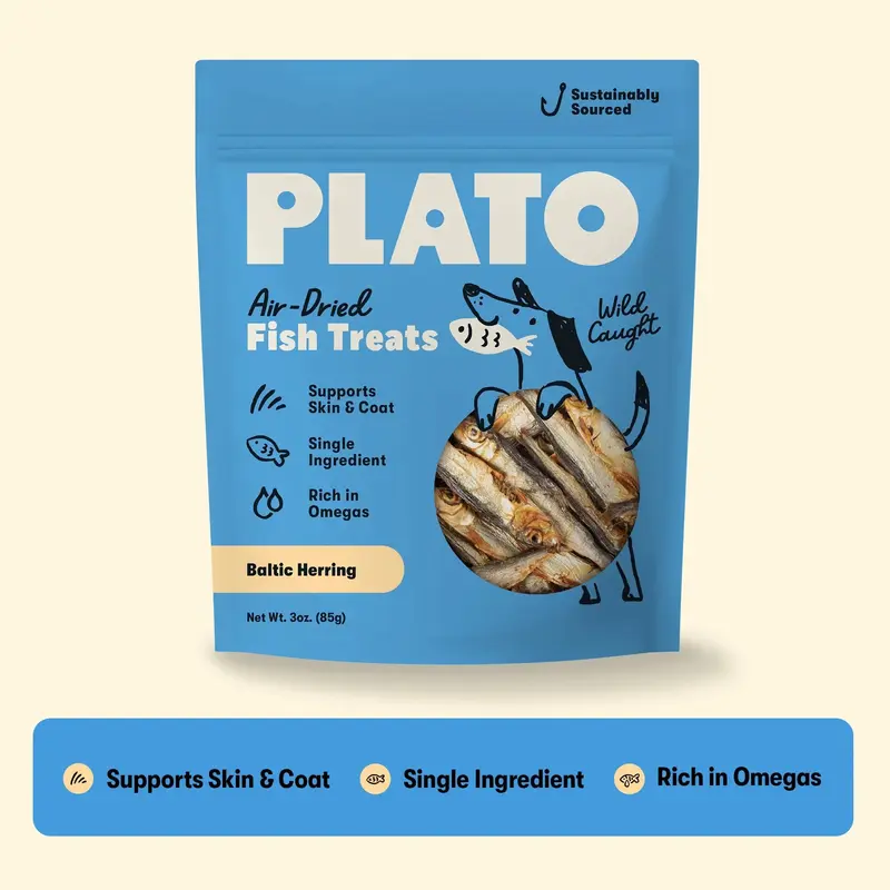 Plato Wild-Caught Baltic Herring Dog Treats, Single-Ingredient Whole Fish, Natural High-Protein, Air-Dried Grain-Free, Skin & Coat Shine, Glossy Coat Support