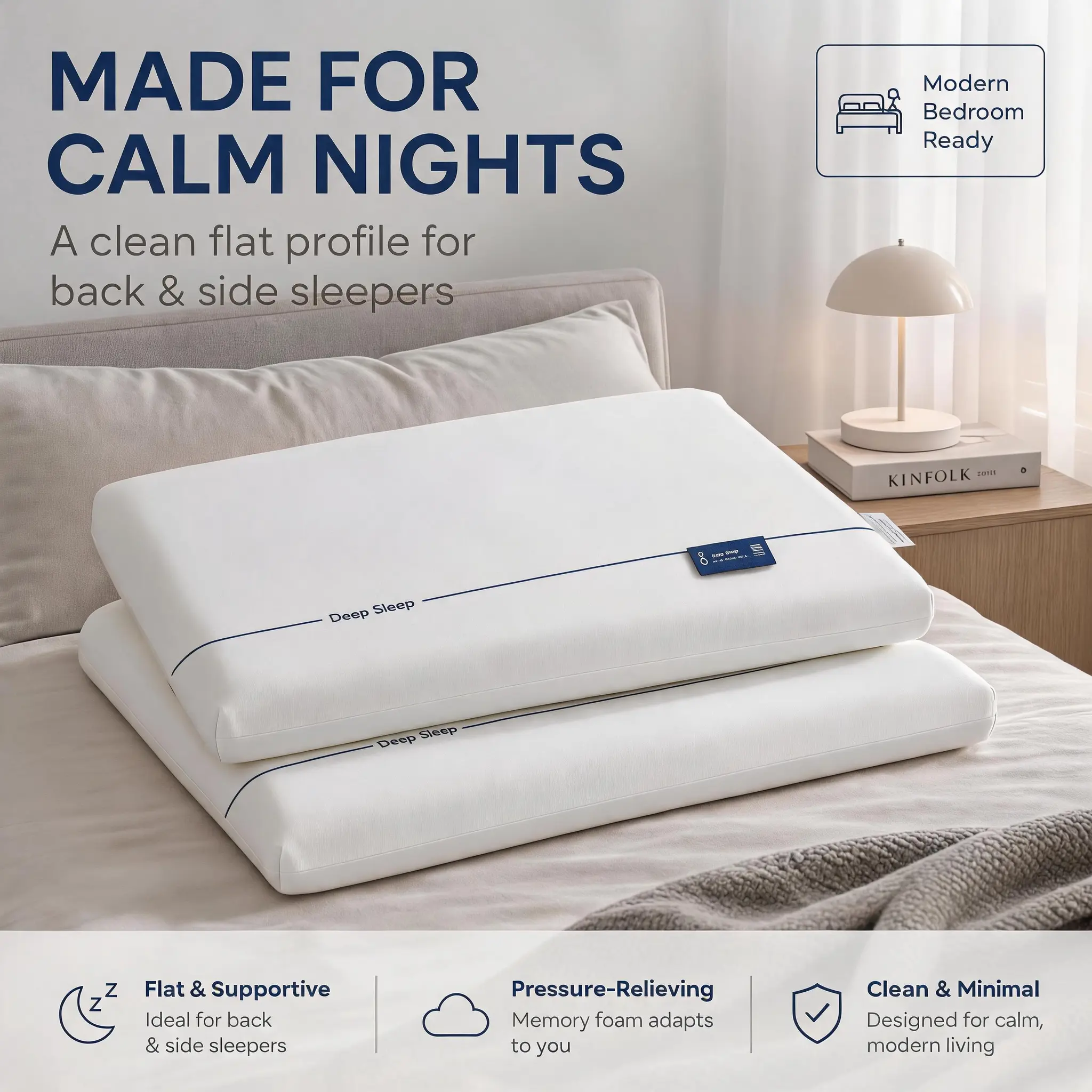 2-Pack Memory Foam Pillows - 30×20 in, 3.2"+3.9" Multi-Size Combo, 1-Price Deal, Modern Decor, Clean Lines, Navy Logo, Master Bedroom Bedding Accessory