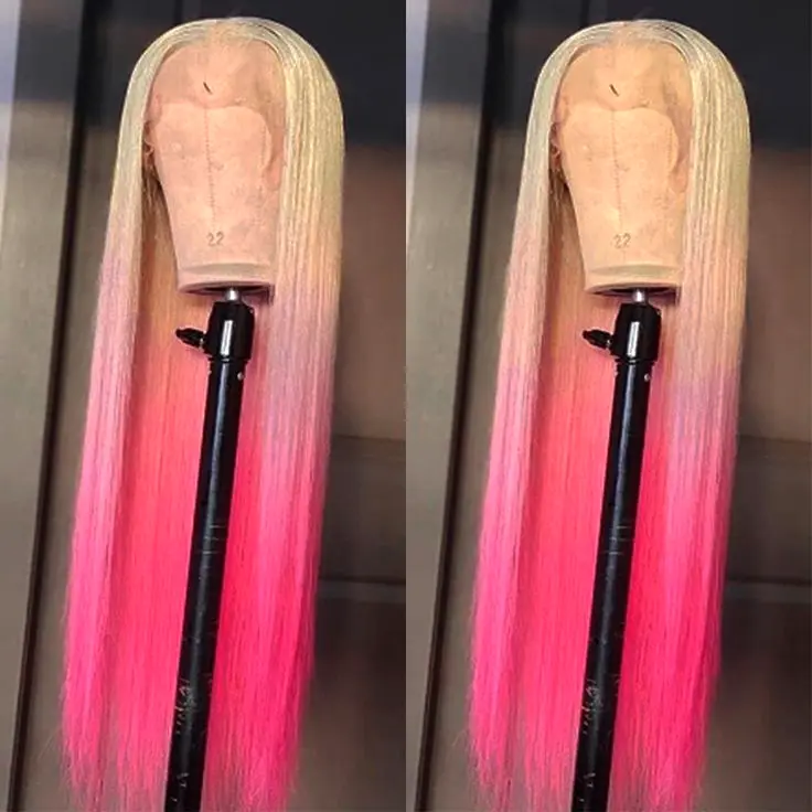 Aodbar hairs Long Ombre Pink Straight Synthetic Lace Front Wig 13*4 Glueless Wig HD Transparent Lace Wig Blonde and Pink Color Wig with Realistic Hairline, Ombre Wigs, Glueless Frontal Wig