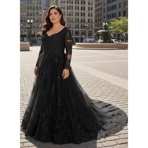 Bailey Black Wedding Dress with 3D Floral Lace and Long Illusion Sleeves