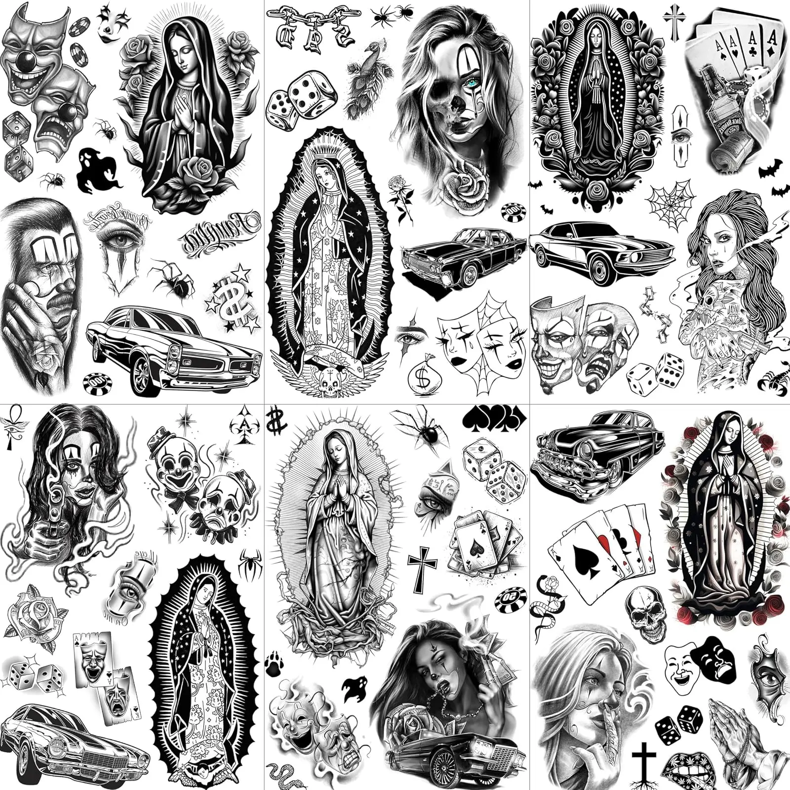 Chicano Fake Temporary Tattoos Kit, 6-Sheet Waterproof Long-Lasting Body Art Stickers - Face Decals for Adults, Halloween Fun, Slogan Temporary Tattoos