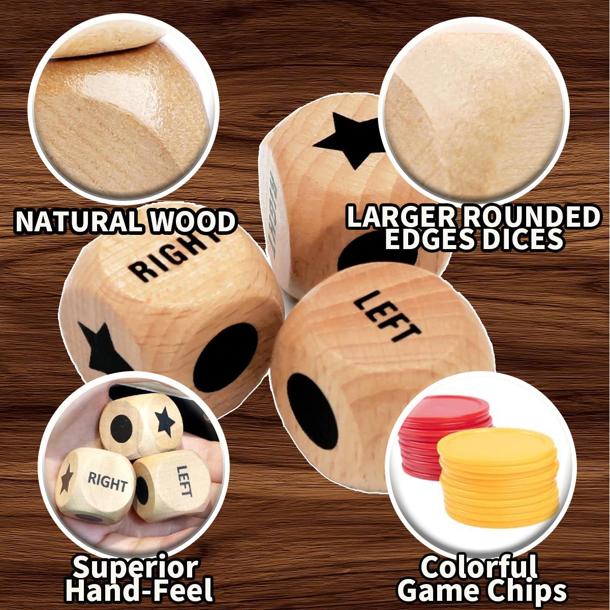 Fun Left Right Roll Dice Game Set, Include 3 1-inch Wooden Dices 48 Pcs Chips in Wooden Box, Easy to Store and Carry Around for Travel(Wood)