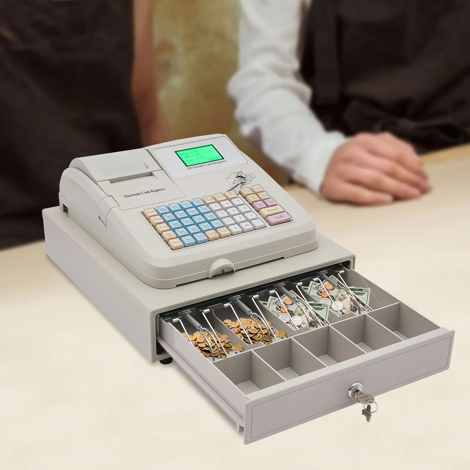 48-Key ABS Electronic Cash Register with Coin Drawer, POS Bill & Coin System, 1*Adapter, Stainless Steel Accents, Modern Design, Profit Analysis - Rapid Checkout, Simple Operation for Small Businesses (White)