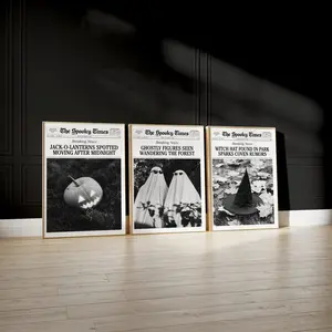 Spooky Newspaper Print, Set of 3 Halloween Posters, Scary Magazine Cover Printable, Halloween Newsprint Wall Art Bundle - No Frame