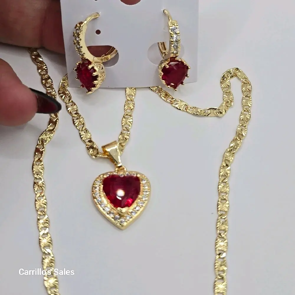 Red Heart's beautiful set chain with earrings hoops style gold-plated love design 24"inches