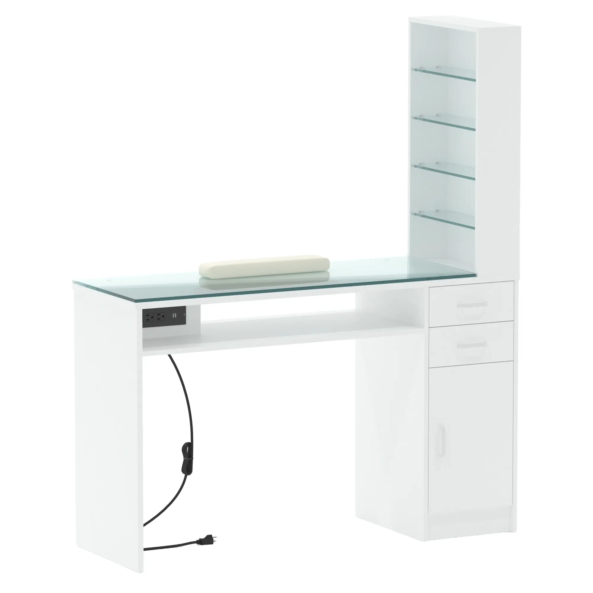 Naiyufa Commercial Salon Manicure Table with Glass Top, Ac Outlets, 5-Tier Storage Shelves, Drawers, Cabinet & Wrist Rest, White Nail Desk for Nail Techs