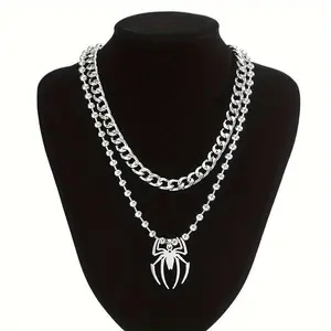 Fashion Men's Spider Pendant Necklace, Round Bead Chain Necklace, Hip Hop Double Layer Stacking Necklace
