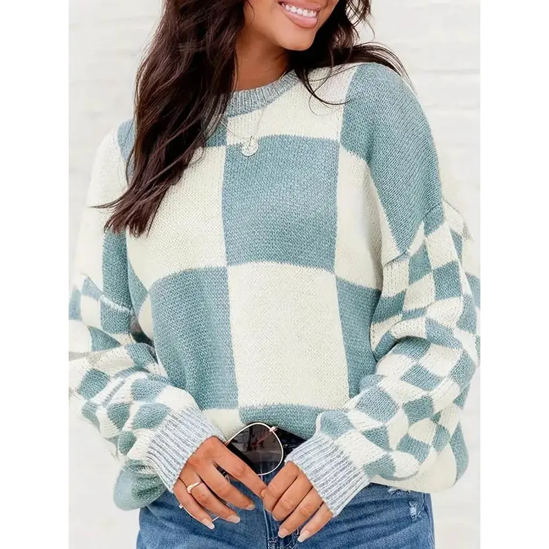 Women's Plaid Print Drop Shoulder Sweater, Casual Long Sleeve Round Neck Jumper for Fall & Winter, Fashion Ladies' Knitwear for Daily Wear