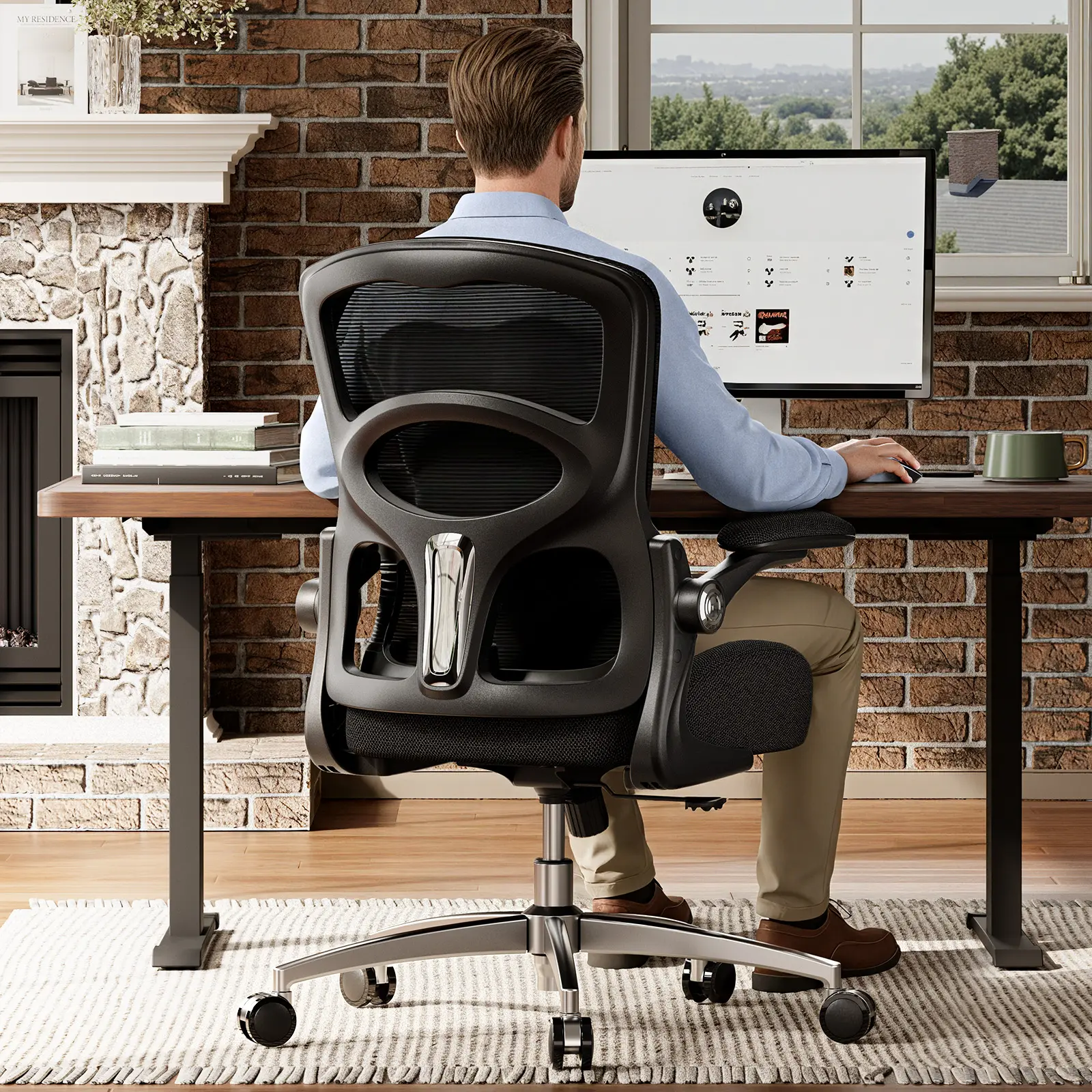 Big and Tall Office Chair 350lbs - Ergonomic Desk Chair with Dynamic Lumbar Support, 4.92" Extra Thick W-Shaped Cushion for Sciatica Relief, 90° Flip-up Arms Mesh Computer Chair for Home Office