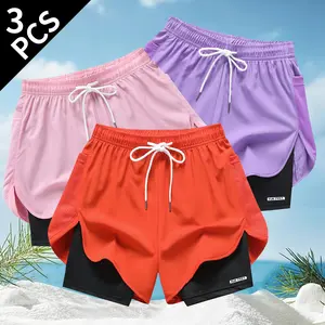 Women's Fake Two-Piece Layered Athletic Shorts, Illusion Hem Quick Dry Running Shorts with Built-In Tight Look, Breathable Lightweight Gym Workout Bottoms for Summer Training, Yoga & Sports