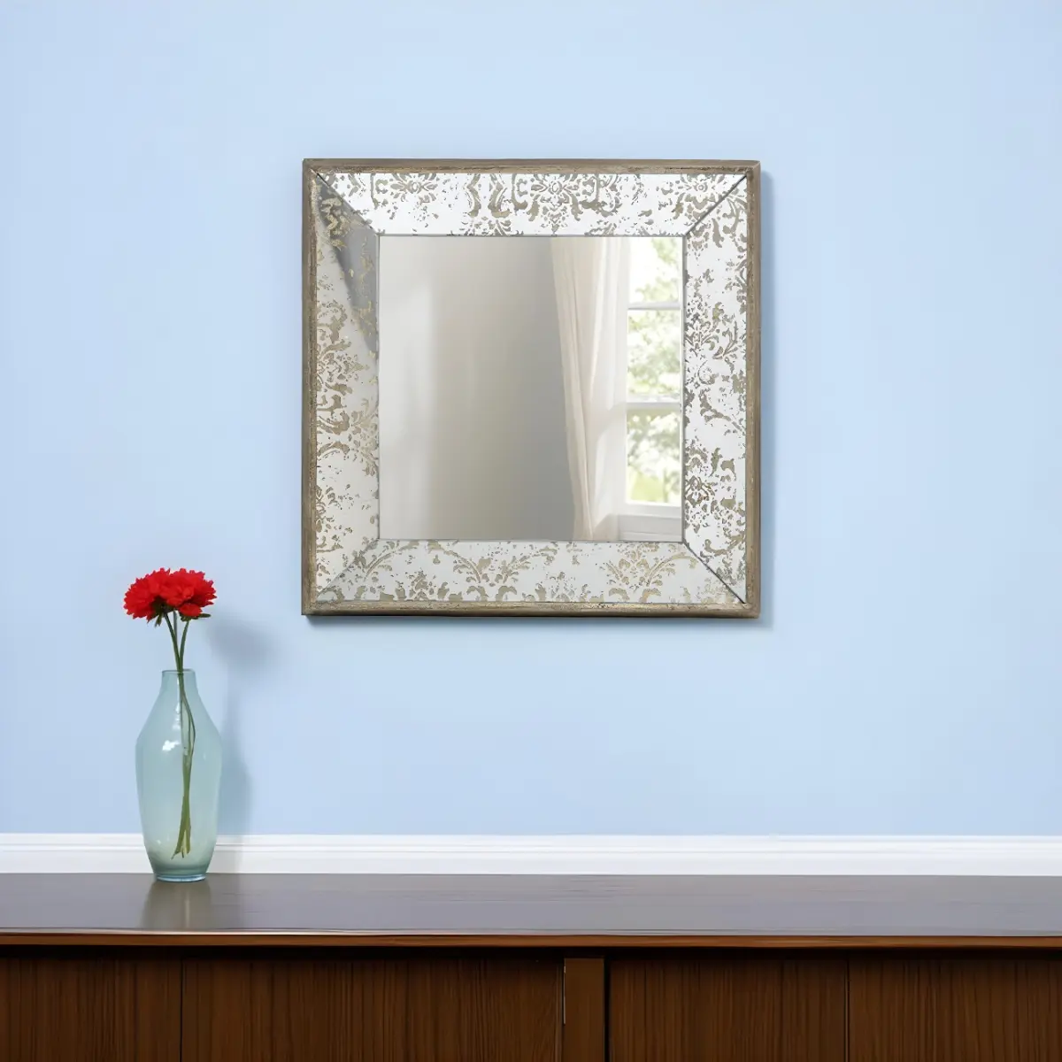 15 in. Brown Geometric Square Framed Vintage Damask Glass Accent Mirror - 360 Stand, Wood, Traditional Home Decor, Wall Installation Mountable Home Supply, Silver Accents