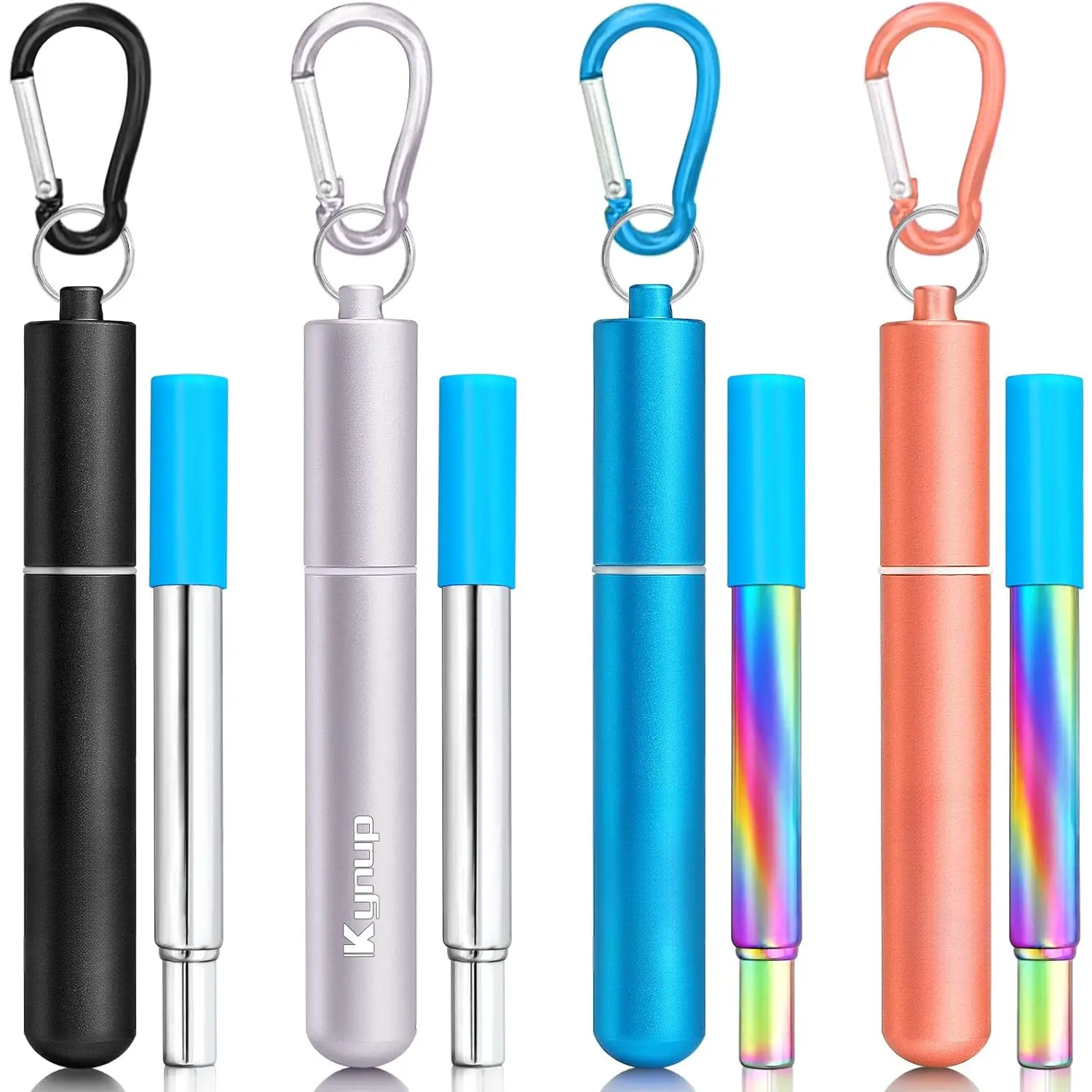 LOVE HOME Straws, 4Pack Collapsible Portable Metal Straw  Foldable Stainless Steel Drinking Travel Telescopic Straw with Case, Clean Brush,  Gifts (Blue-Black- Rose -)