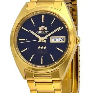 Orient Men's 3 Star Automatic Watch with Dark Blue Dial Gold-tone Fashionable Wristwatch