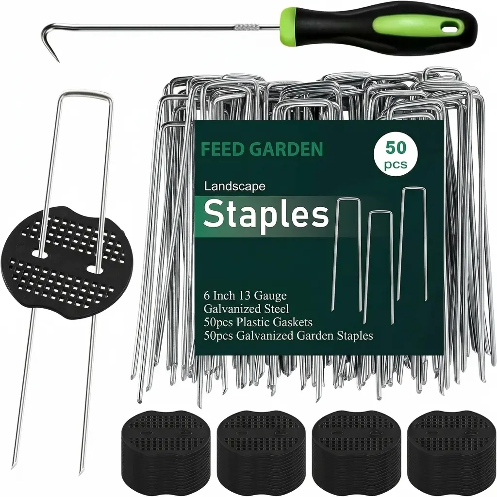 50-Pack 6 Inch Garden Staples with 50pcs Fixing Gaskets and 1pc Pick Hook U-Shaped Landscaping Stakes Heavy Duty Weed Barrier Fabric Pins Sod Pegs Lawn Anchors