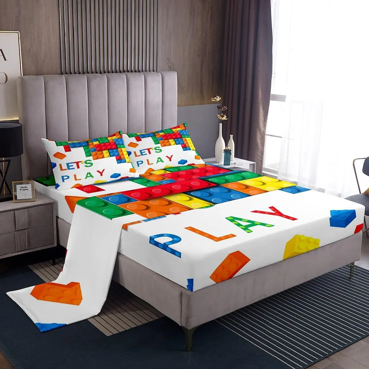 Feelyou Building Block Print Bedding Set - Decorative Bedsheet Sets with Deep Pocket Fitted Sheet, Soft Breathable Flat Sheet, Colorful Brick Design for Boys, Gaming Room Decor, Soft Breathable Sheet