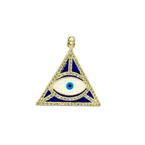 Pyramid Evil Eye Charm Pendant - Blue Enamel with Gold Outline, Sparkling Accents, Protection & Good Luck Symbol, Blue Pendant Necklace, Daily Wear Costume Jewelry Necklace, Daily Wear Necklace