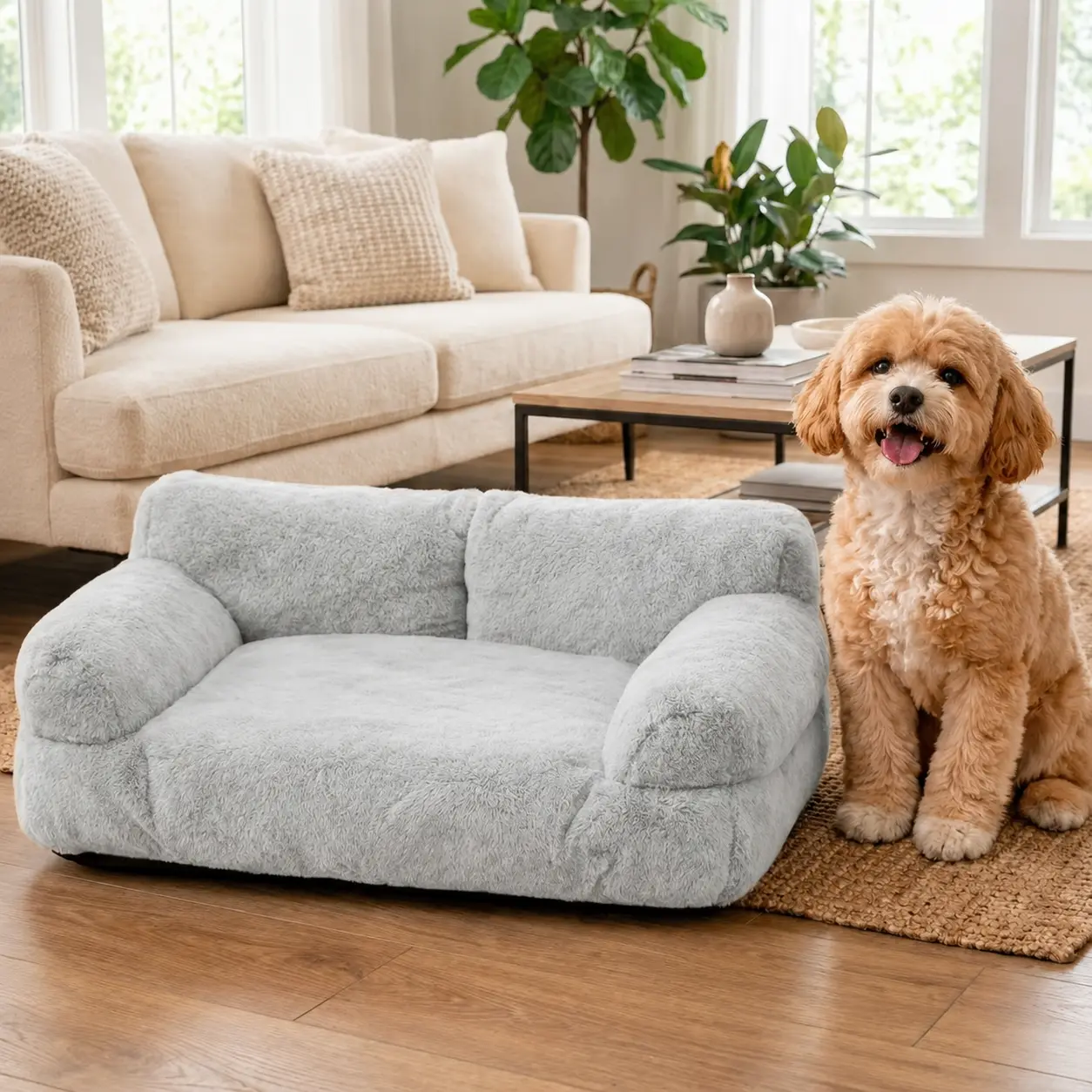 Golden Brown Plain Plush Pet Sofa Bed for Small-Medium Dogs/Cats, 35.4x21.7x10.2in All-Season Machine Washable Couch with Raised Bolsters, Polyester Fiber Filling Indoor Lounger Fits 2 Pets (Cold Wash Recommended)
