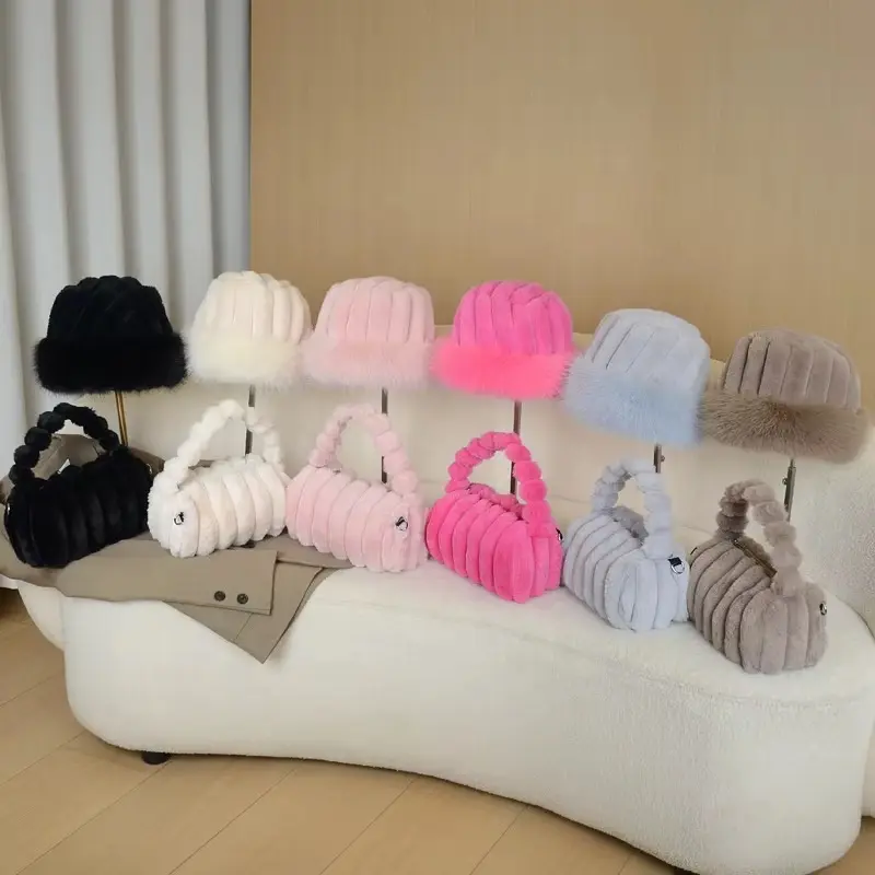 Faux Fur Winter Bag and matching hat, Cute Stylish Handbags for Cold-Weather Outings