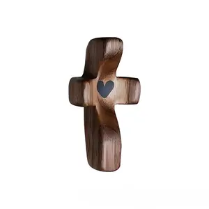 Wooden Pocket Cross with Heart Center Inlay Inspirational Encouragement Gifts for Women Men Comforting Prayer Hand Cross for Healing Grief Recovery Anxiety