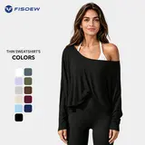 Fisoew Women's Off-Shoulder Batwing Sleeve Blouse - Oversized Stretchy Asymmetric Hem Top, Casual Outdoor Women's Clothes for Gym, Asymmetric Hem Tops,sohochic